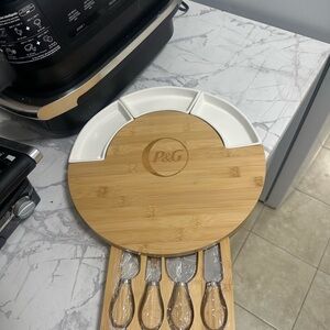 Bamboo Cheese Board with White Ceramic Dishes set